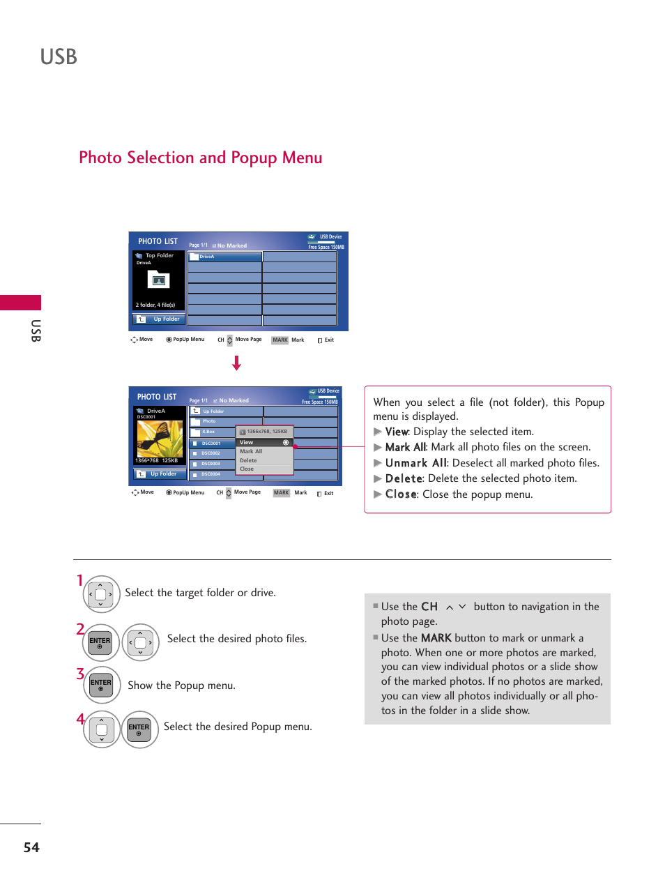 Photo selection and popup menu, Show the popup menu, Select the desired popup menu | Vviieew w: display the selected item, Ddeelleettee: delete the selected photo item, Cc ll o o ss ee: close the popup menu | LG 50PV450C User Manual | Page 54 / 124