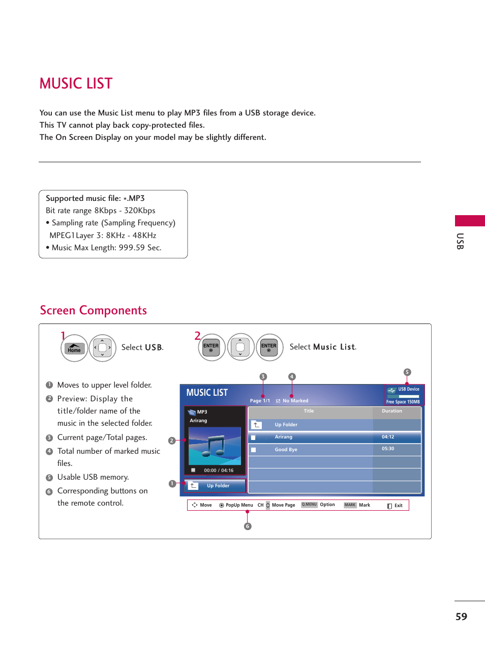 Music list, Screen components | LG 50PV450C User Manual | Page 59 / 124