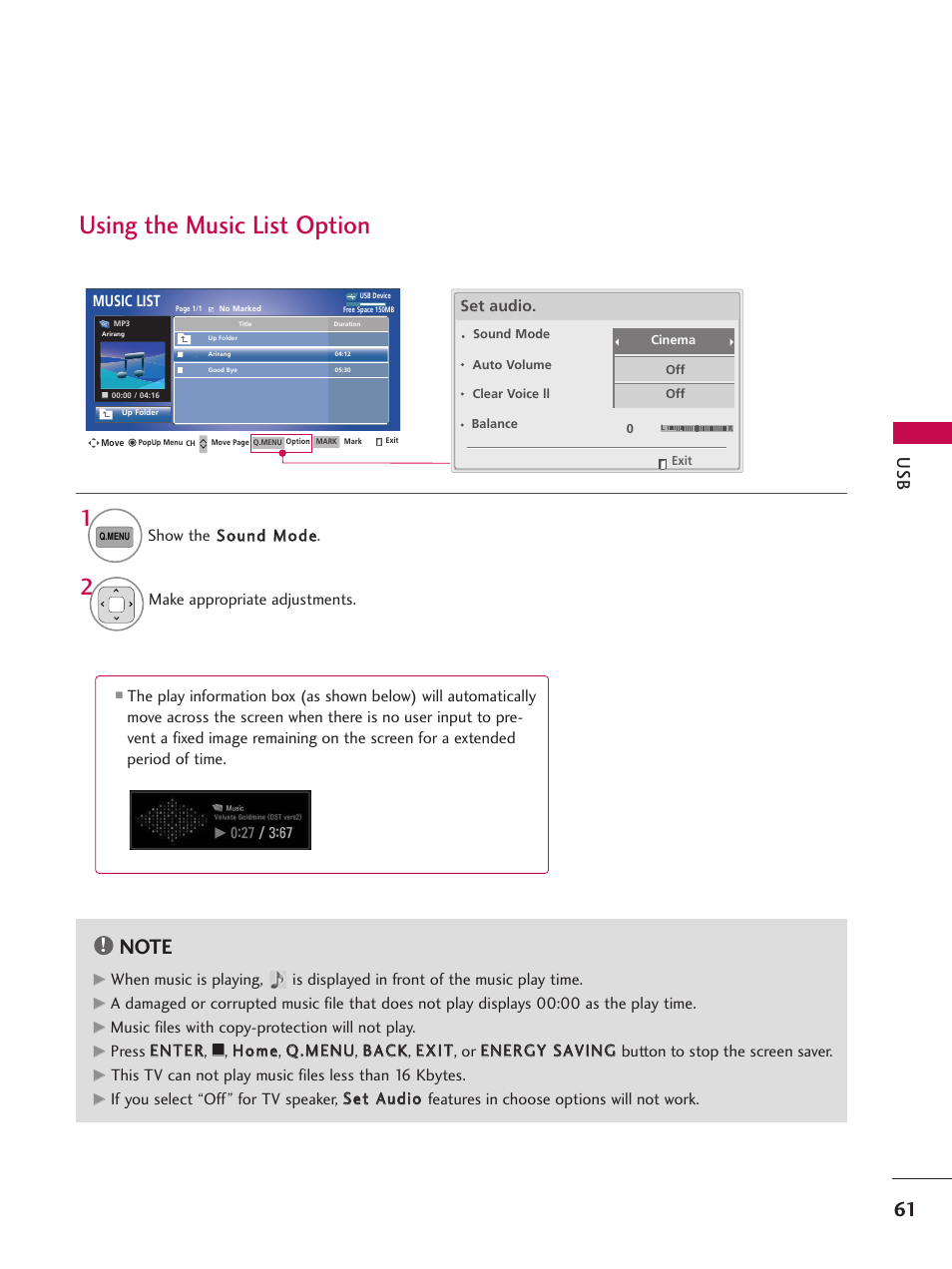 Using the music list option | LG 50PV450C User Manual | Page 61 / 124