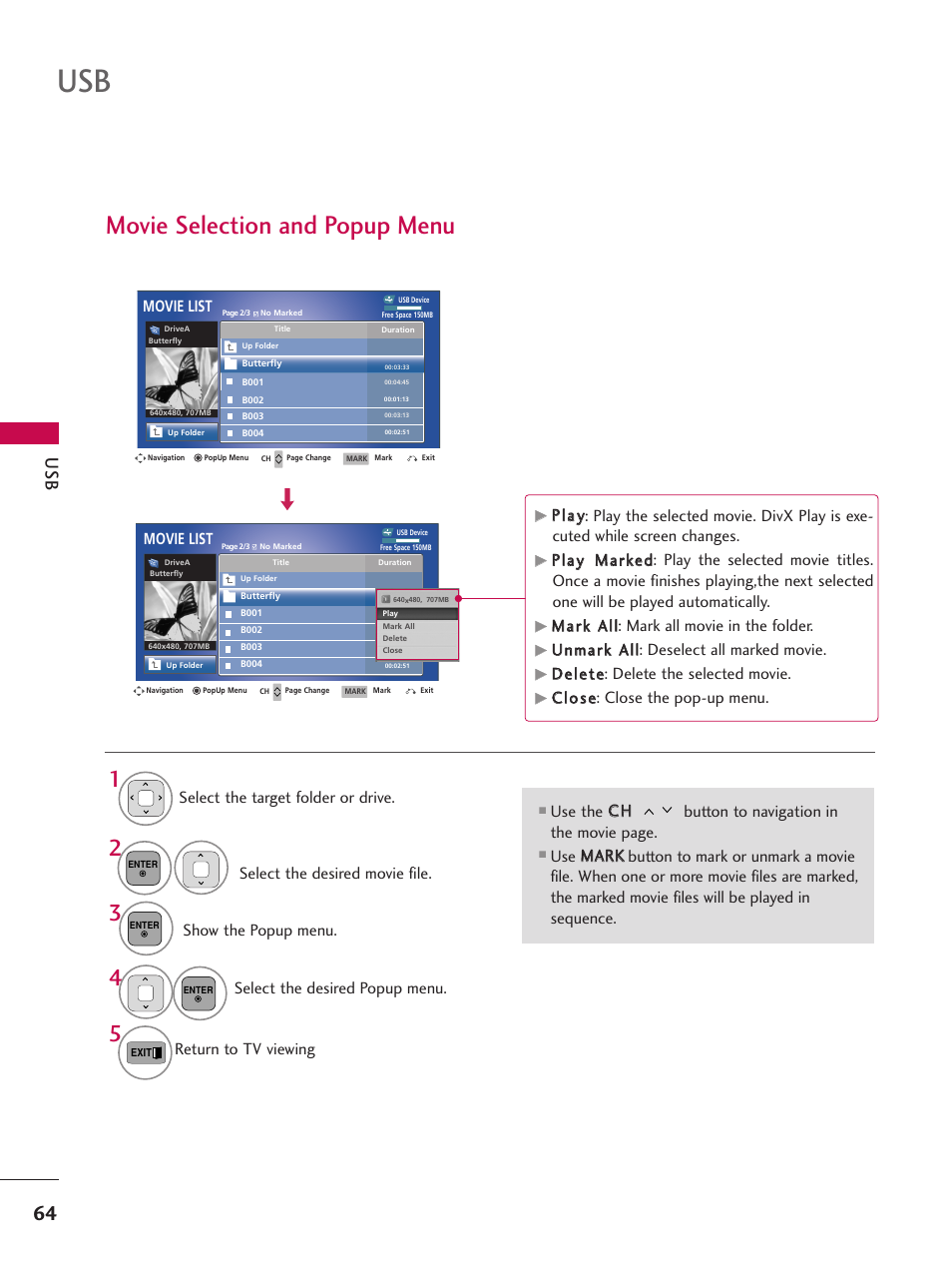 Movie selection and popup menu, Movie list, Ddeelleettee: delete the selected movie | Cc ll o o ss ee: close the pop-up menu, Return to tv viewing | LG 50PV450C User Manual | Page 64 / 124
