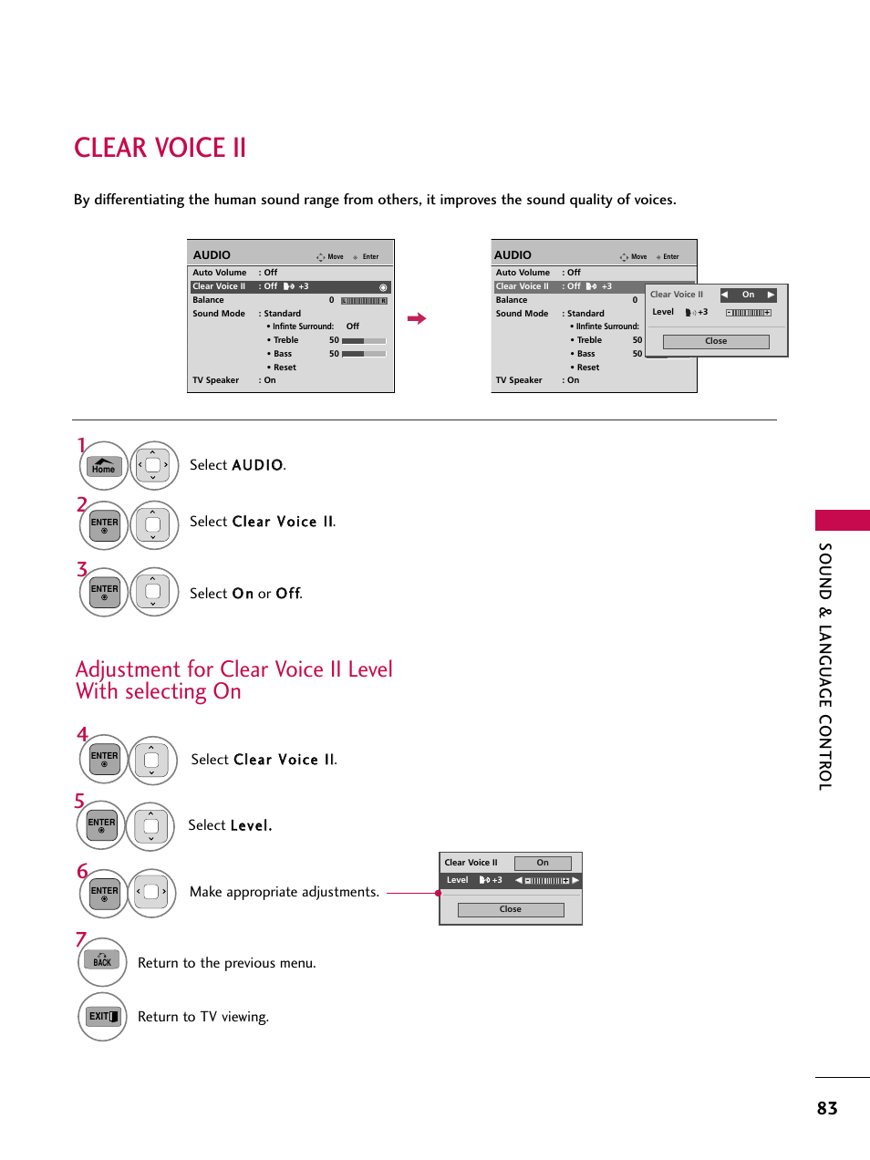 Clear voice ii, Sound & langu a ge contr ol, Make appropriate adjustments | Return to the previous menu. return to tv viewing, Select lleevveell | LG 50PV450C User Manual | Page 83 / 124