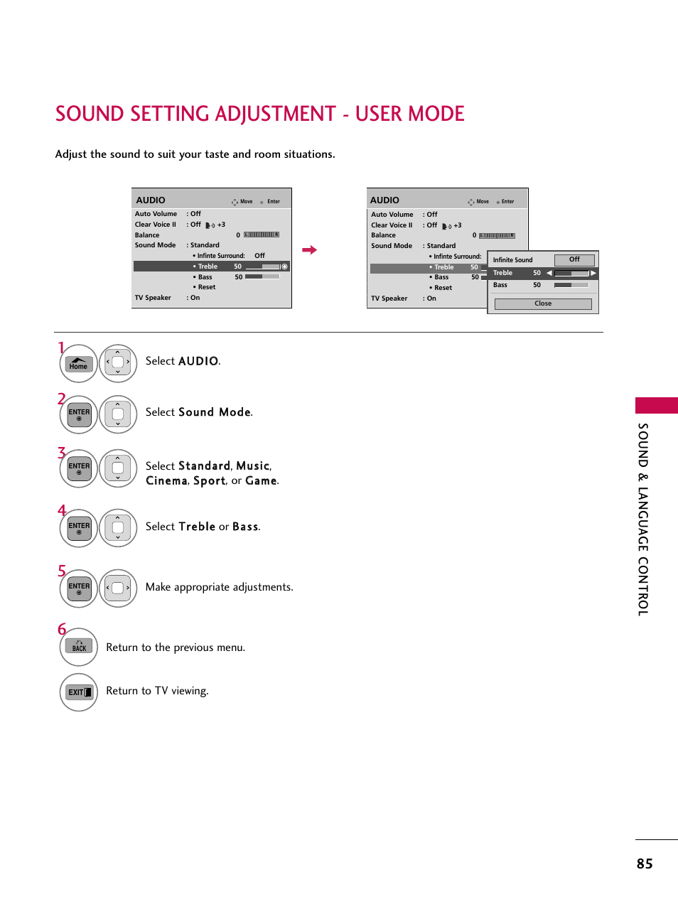 Sound setting adjustment - user mode, Sound & langu a ge contr ol | LG 50PV450C User Manual | Page 85 / 124