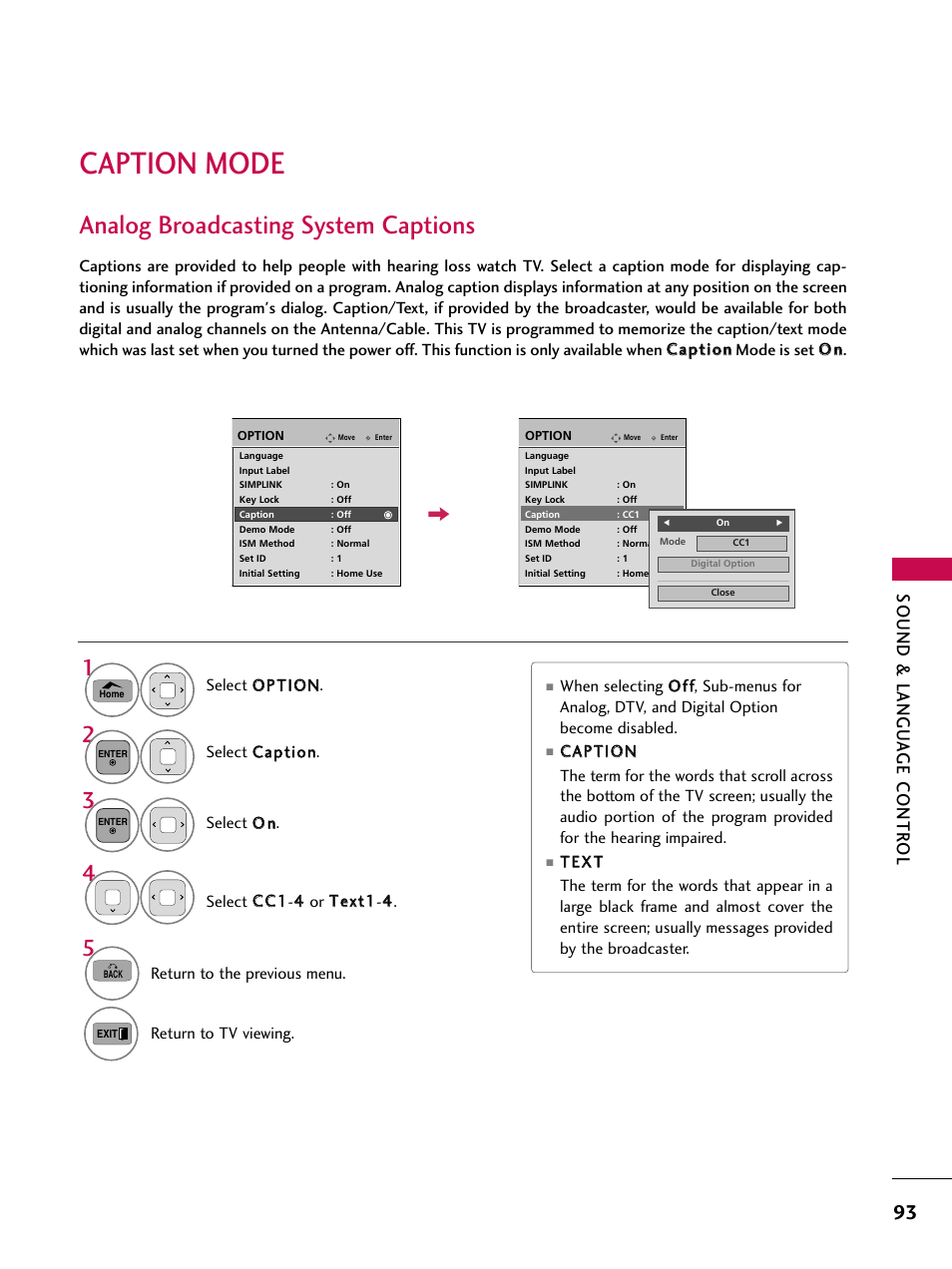 Caption mode, Analog broadcasting system captions, Sound & langu a ge contr ol | LG 50PV450C User Manual | Page 93 / 124