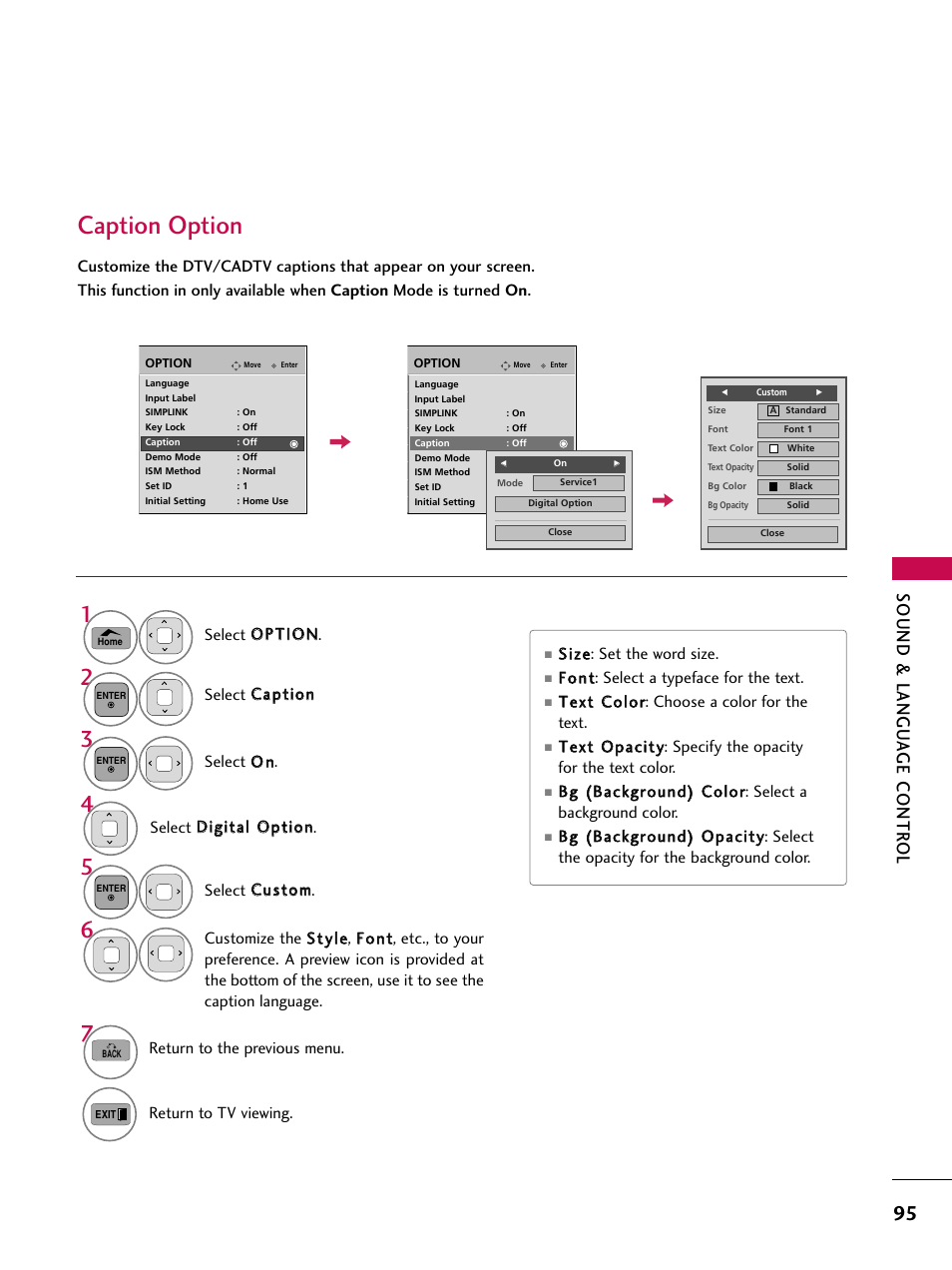 Caption option, Sound & langu a ge contr ol | LG 50PV450C User Manual | Page 95 / 124