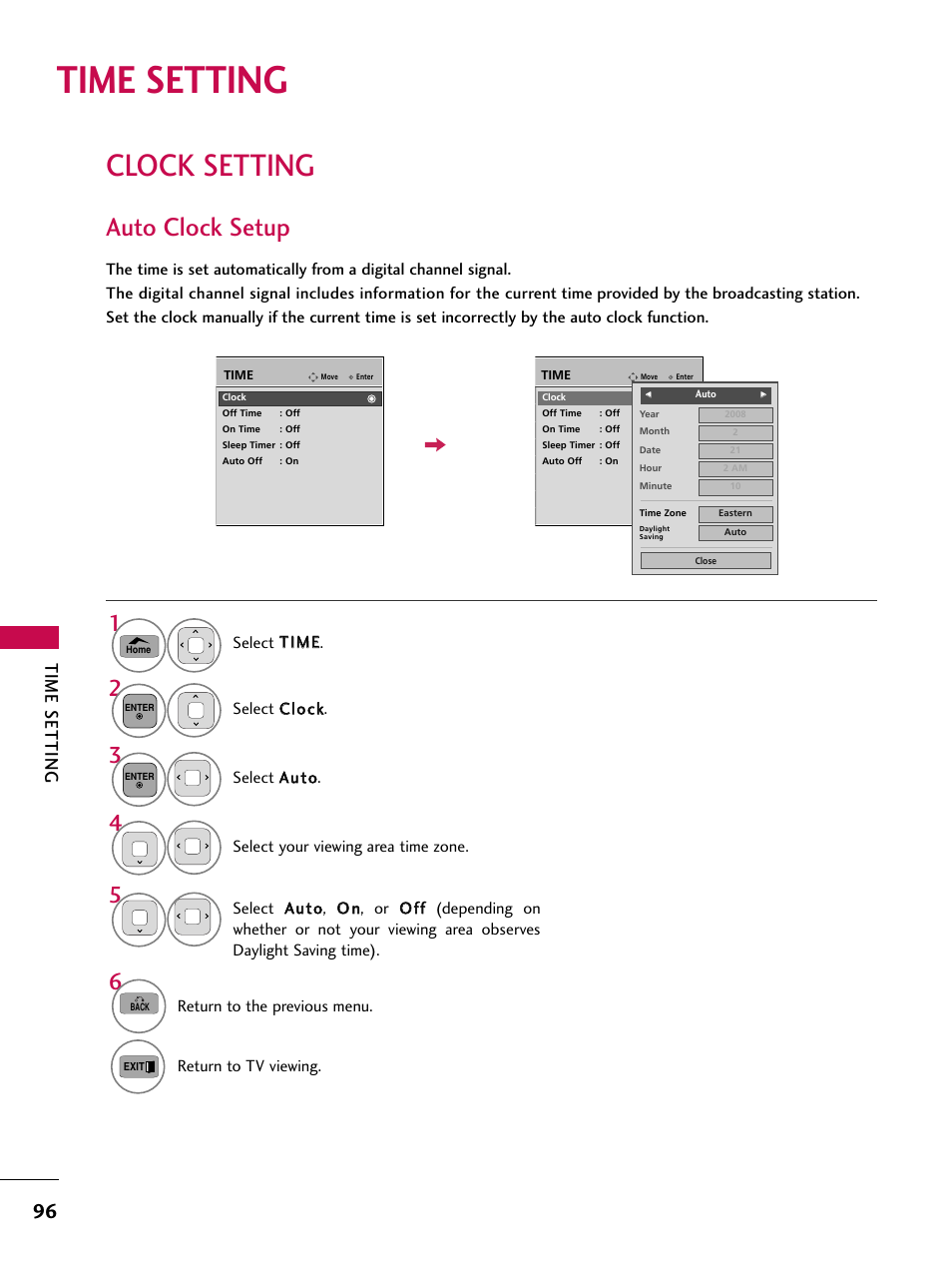 Time setting, Clock setting, Auto clock setup | LG 50PV450C User Manual | Page 96 / 124