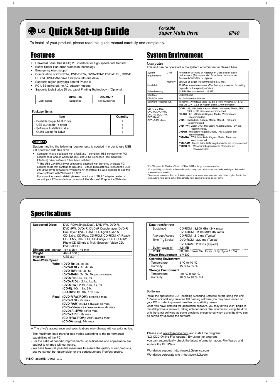 Quick set-up guide, Features, System environment | Specifications, Super multi drive | LG GP40LB10 User Manual | Page 3 / 4