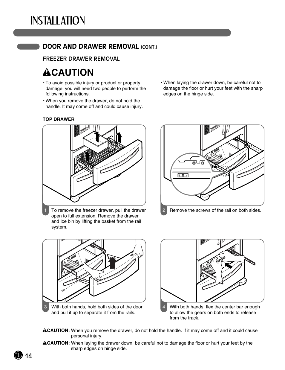 Wcaution, 14 door and drawer removal | LG LMX25985SB User Manual | Page 14 / 44
