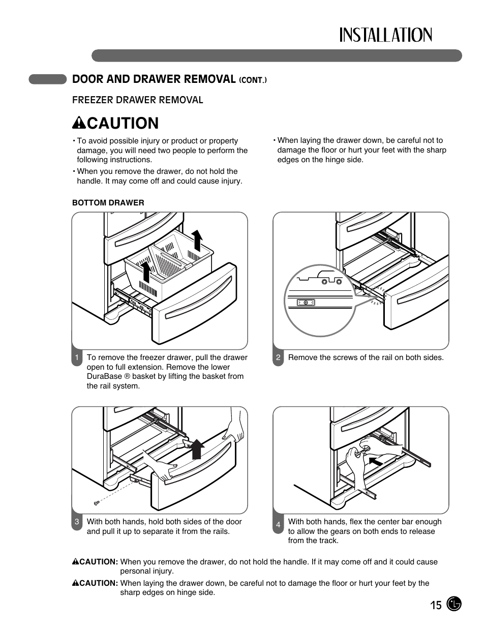 Wcaution, 15 door and drawer removal | LG LMX25985SB User Manual | Page 15 / 44