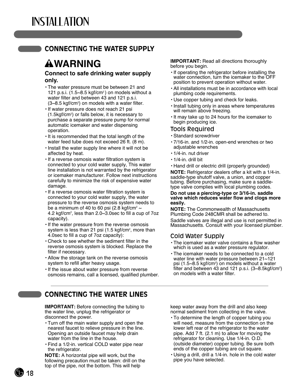 Wwarning, 18 connecting the water supply, Connecting the water lines | LG LMX25985SB User Manual | Page 18 / 44