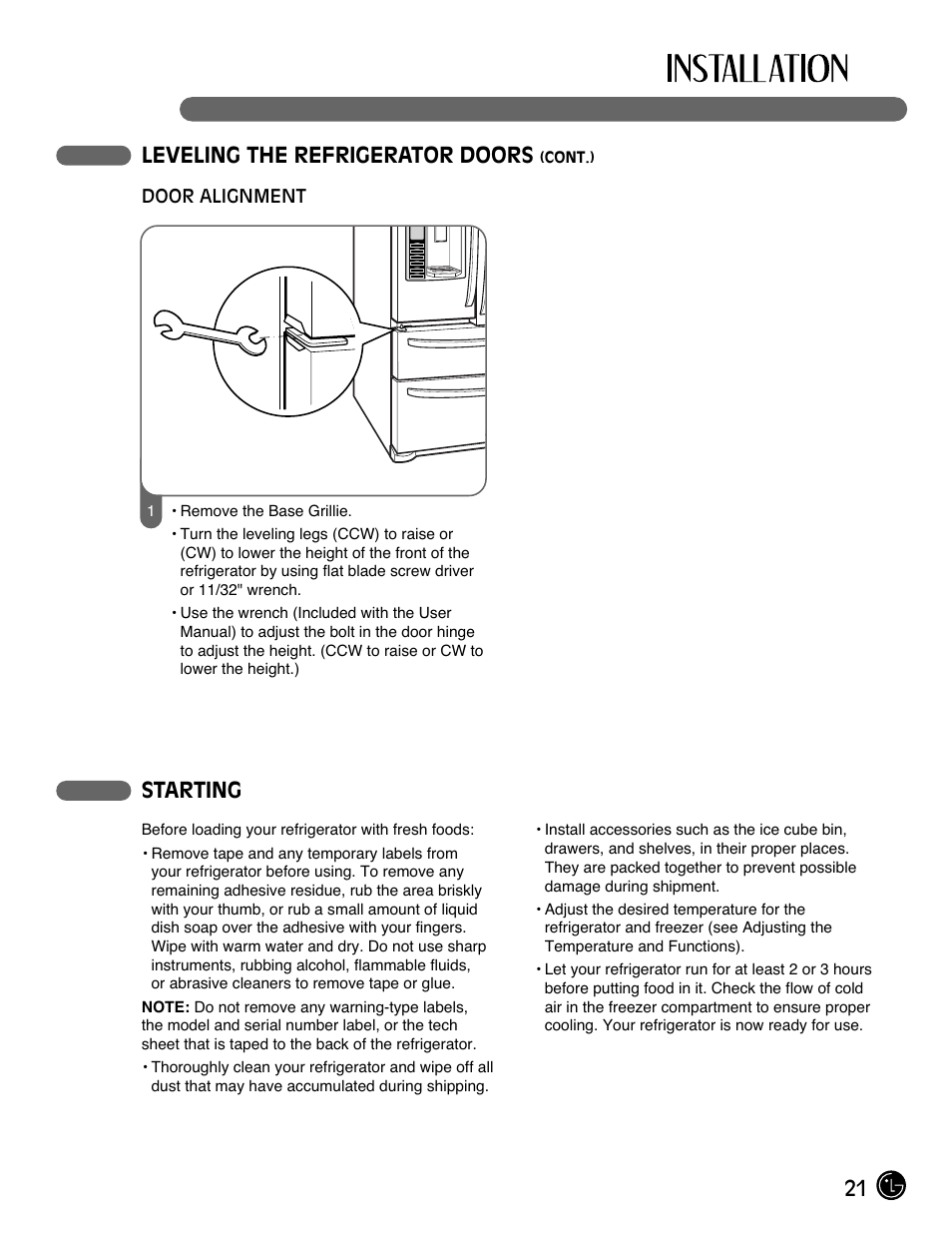 21 leveling the refrigerator doors, Starting | LG LMX25985SB User Manual | Page 21 / 44
