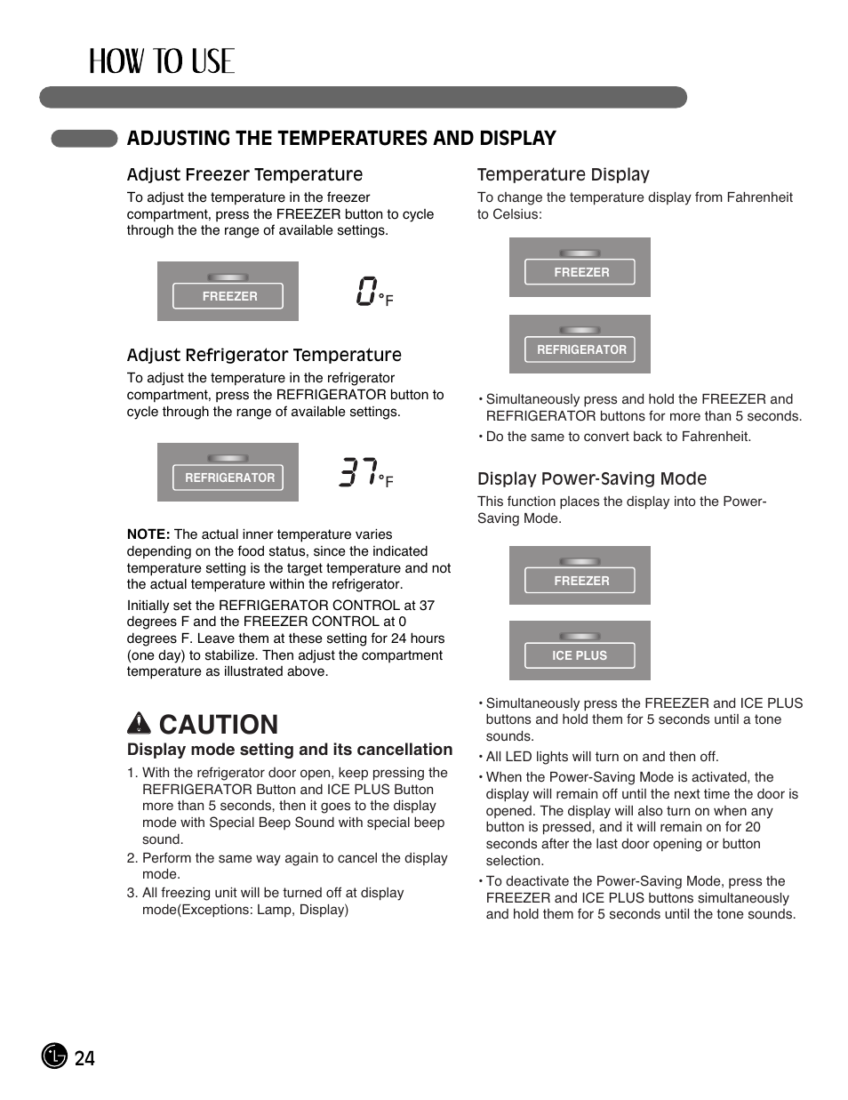 Wcaution, 24 adjusting the temperatures and display | LG LMX25985SB User Manual | Page 24 / 44