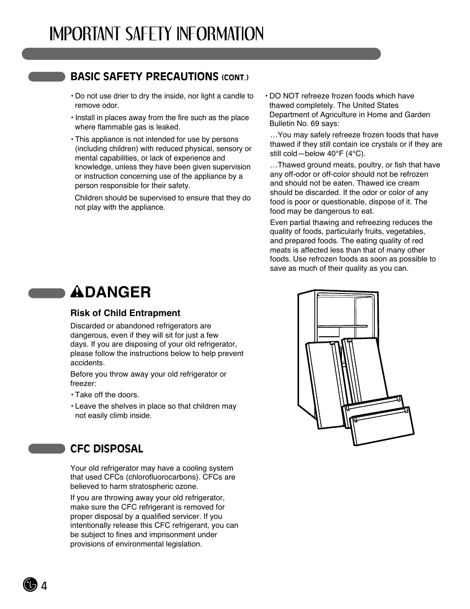 Wdanger, 4basic safety precautions, Cfc disposal | LG LMX25985SB User Manual | Page 4 / 44