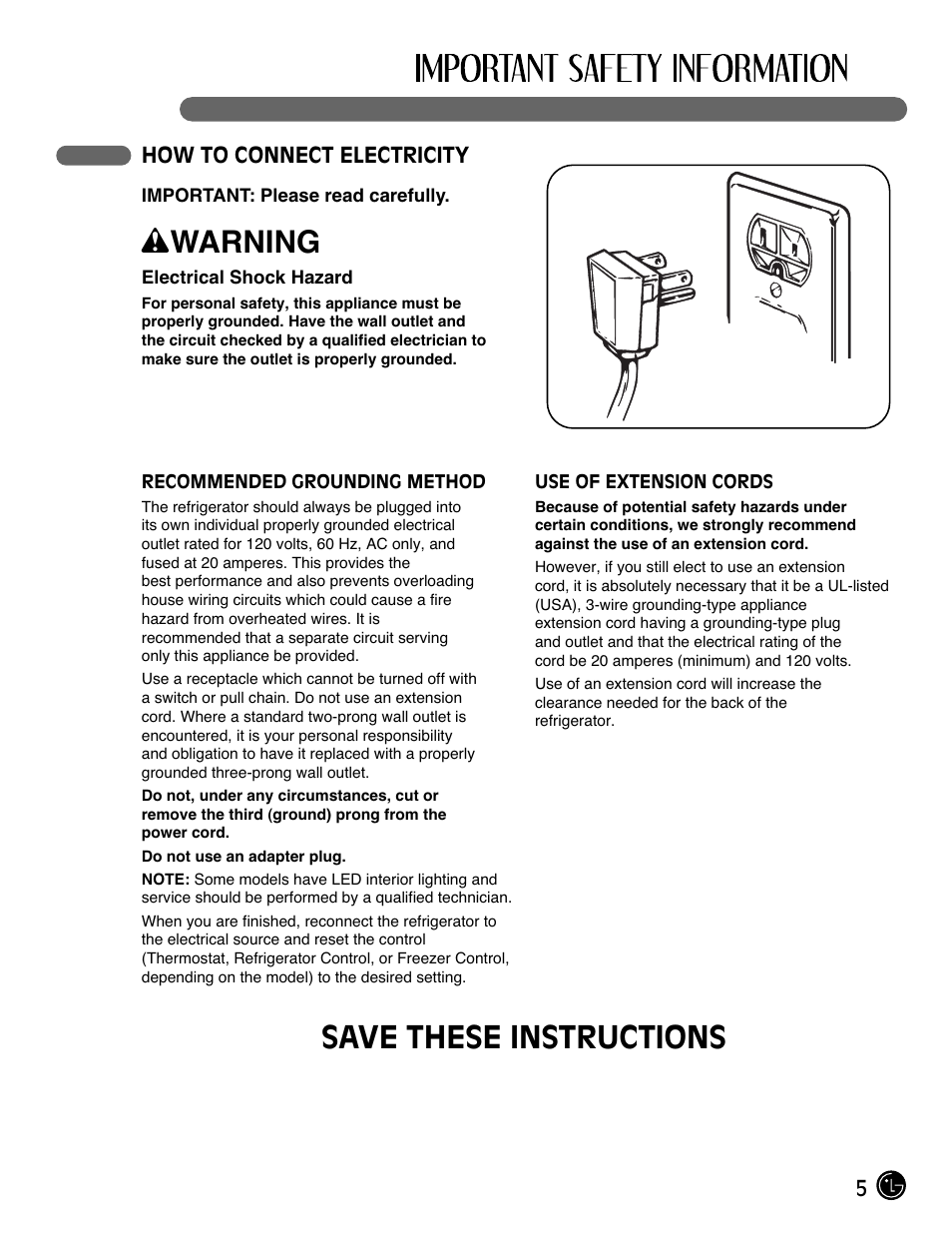Wwarning, Save these instructions | LG LMX25985SB User Manual | Page 5 / 44