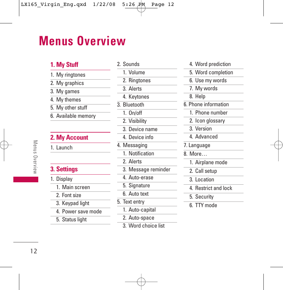 Menus overview | LG LGLX165 User Manual | Page 12 / 90