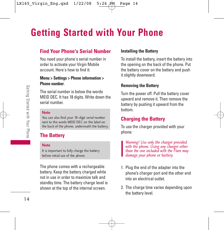 Getting started with your phone | LG LGLX165 User Manual | Page 14 / 90