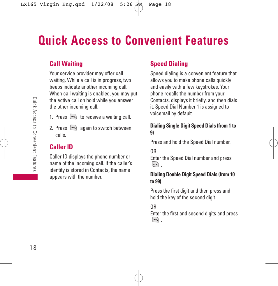 Quick access to convenient features | LG LGLX165 User Manual | Page 18 / 90