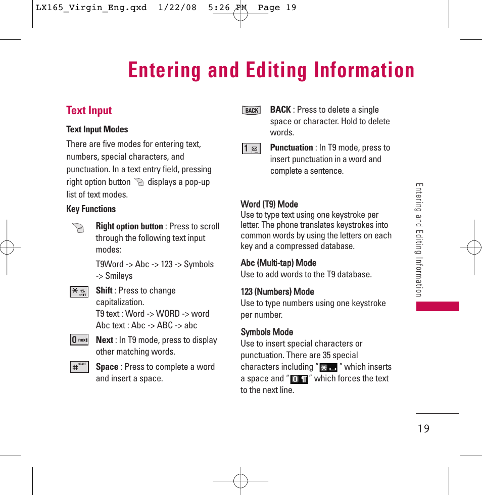 Entering and editing information, Text input | LG LGLX165 User Manual | Page 19 / 90