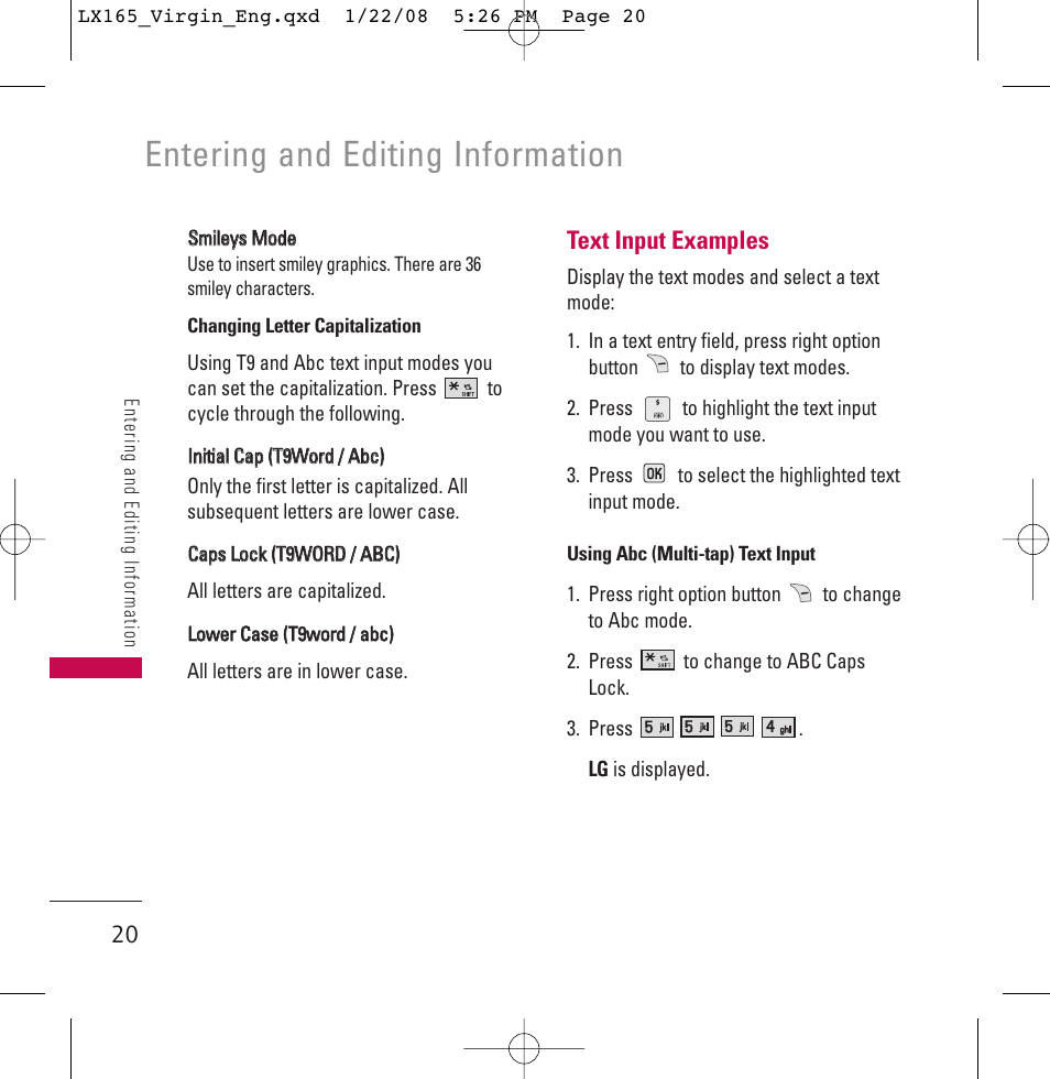 Entering and editing information | LG LGLX165 User Manual | Page 20 / 90