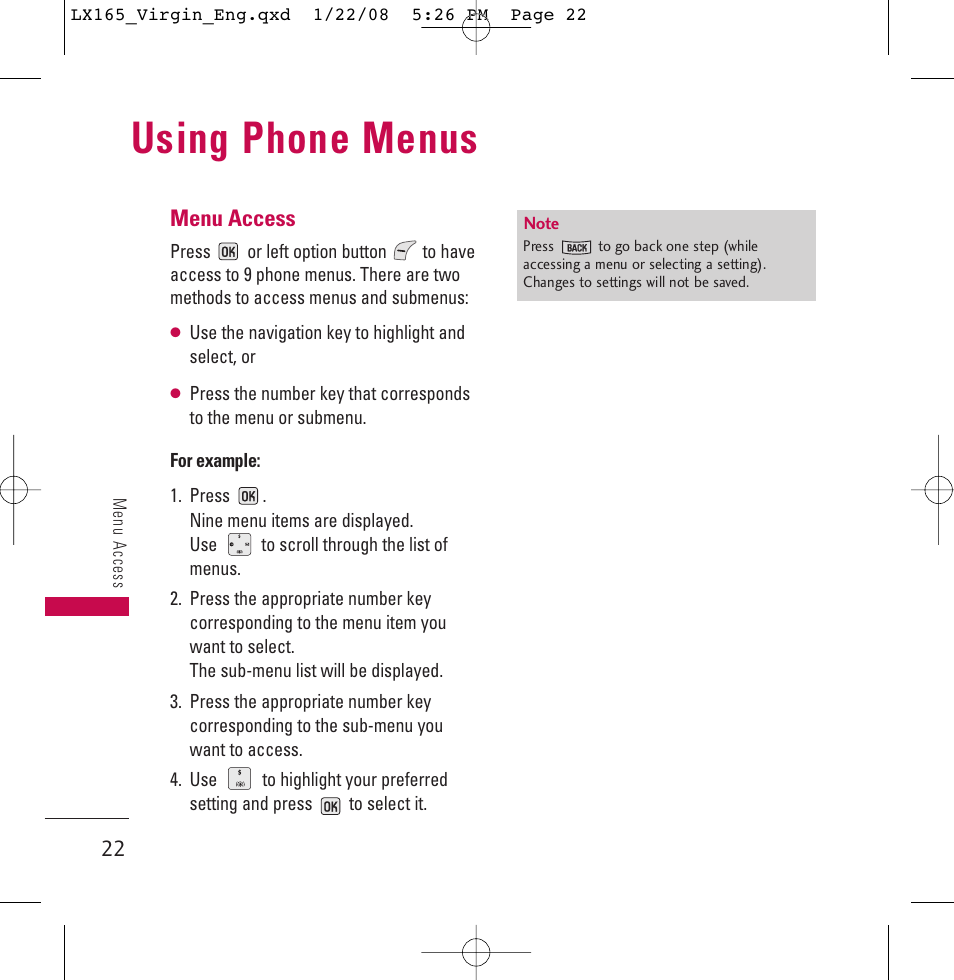 Using phone menus | LG LGLX165 User Manual | Page 22 / 90