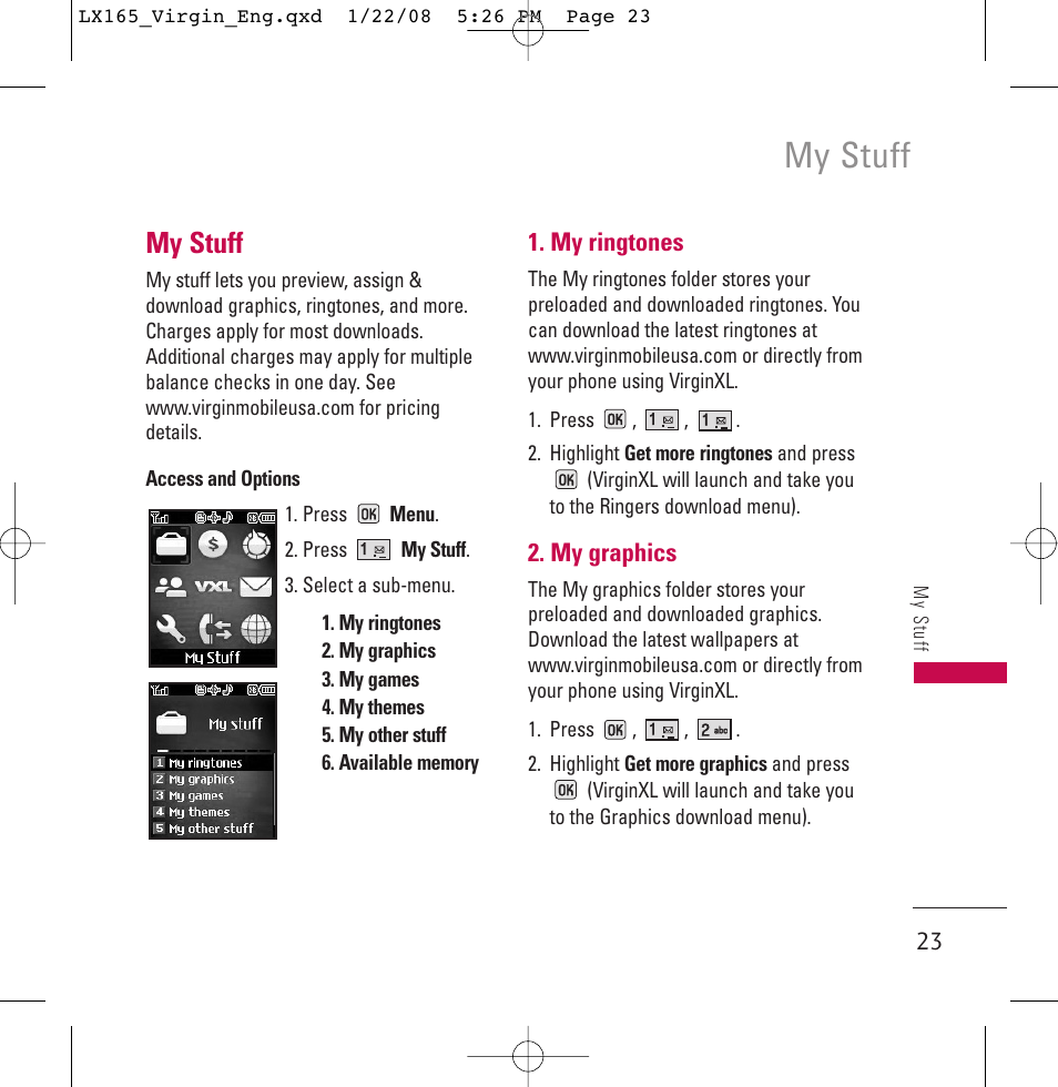 My stuff | LG LGLX165 User Manual | Page 23 / 90