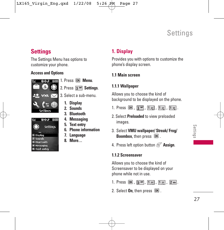 Settings | LG LGLX165 User Manual | Page 27 / 90