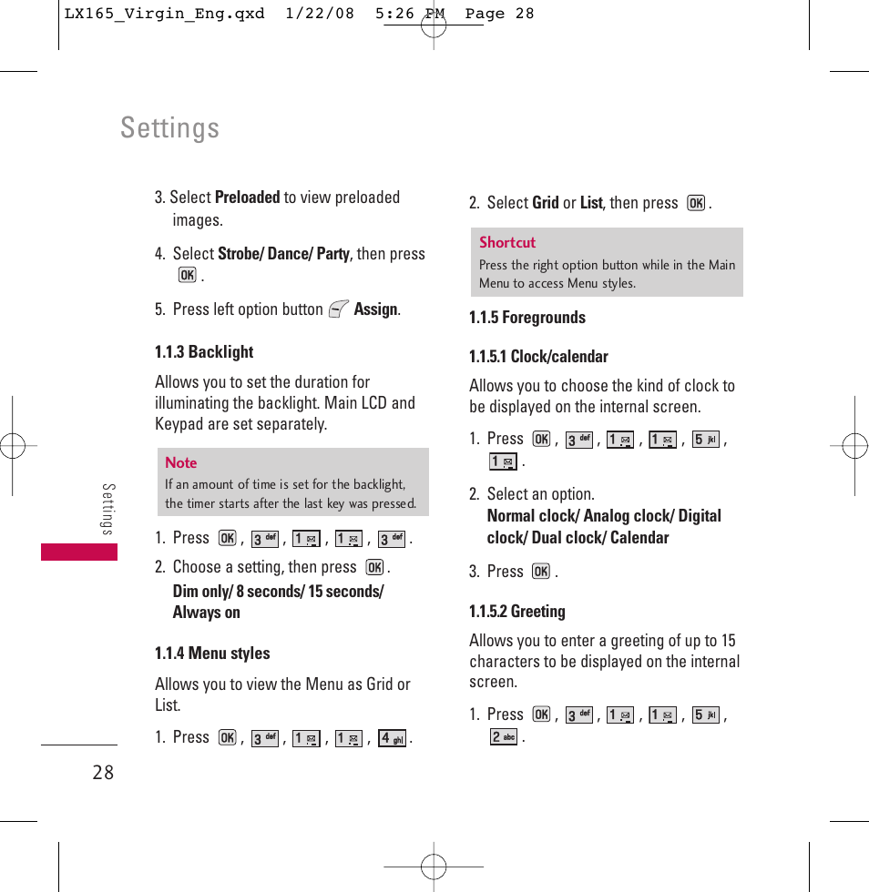 Settings | LG LGLX165 User Manual | Page 28 / 90