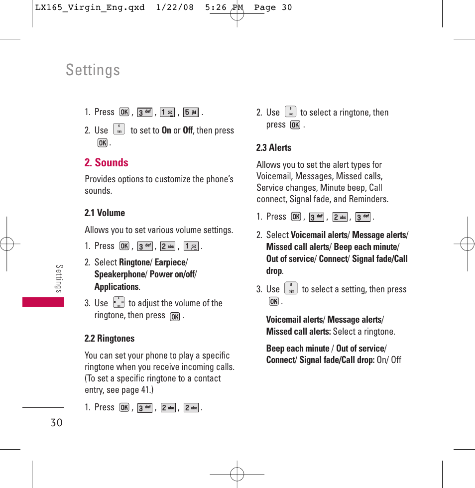 Settings | LG LGLX165 User Manual | Page 30 / 90