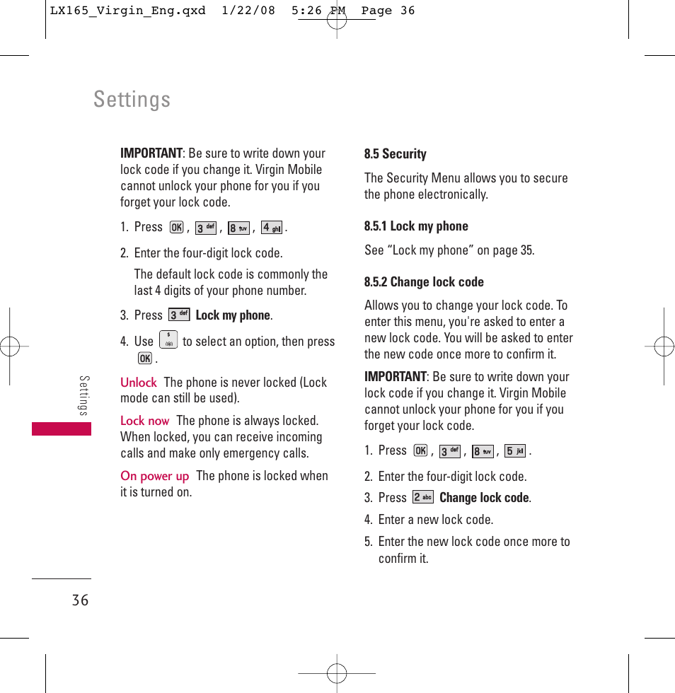 Settings | LG LGLX165 User Manual | Page 36 / 90