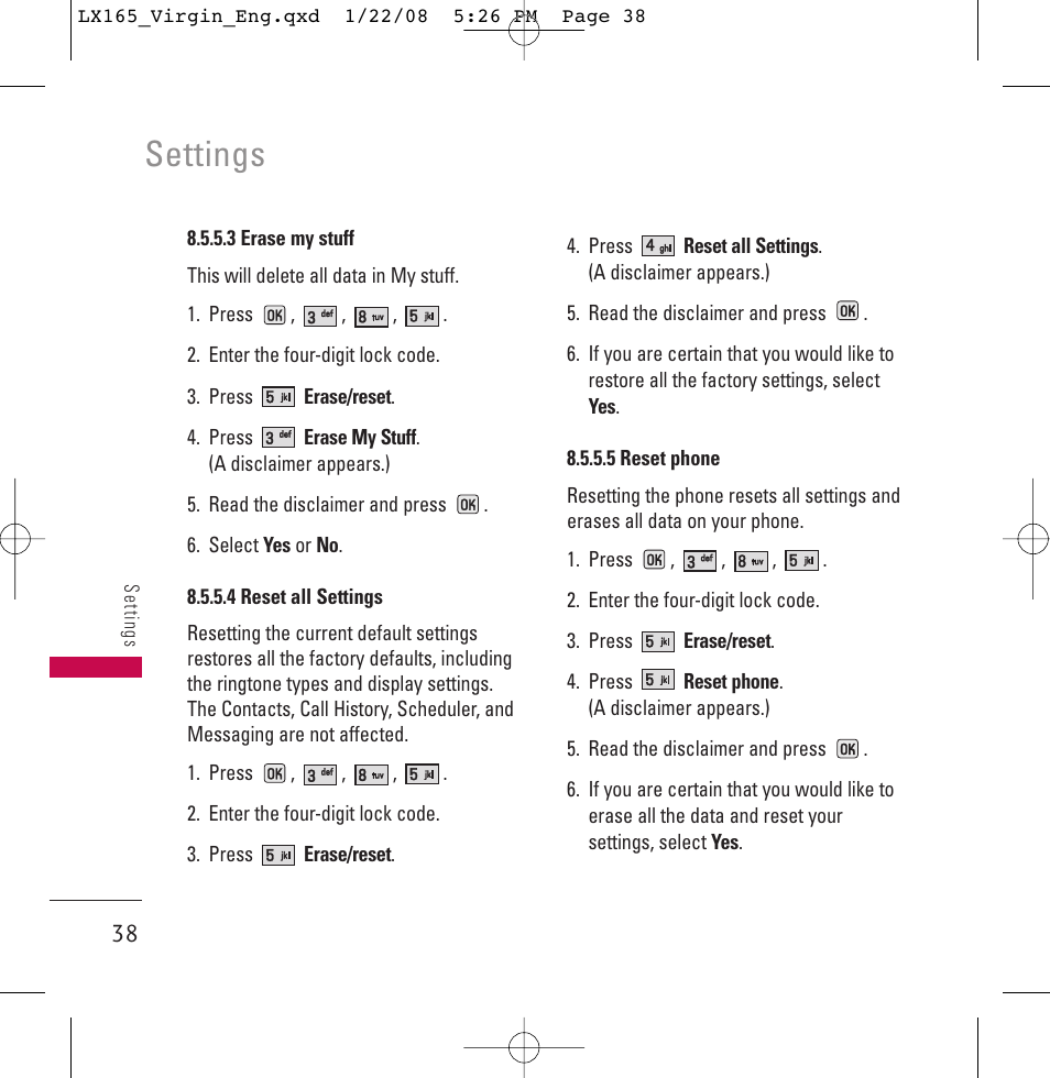 Settings | LG LGLX165 User Manual | Page 38 / 90