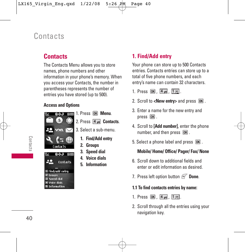 Contacts | LG LGLX165 User Manual | Page 40 / 90