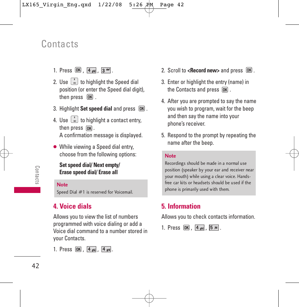 Contacts | LG LGLX165 User Manual | Page 42 / 90