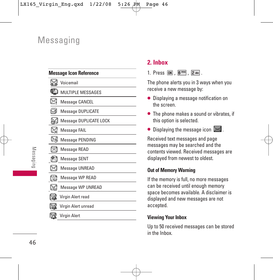 Messaging, Inbox | LG LGLX165 User Manual | Page 46 / 90