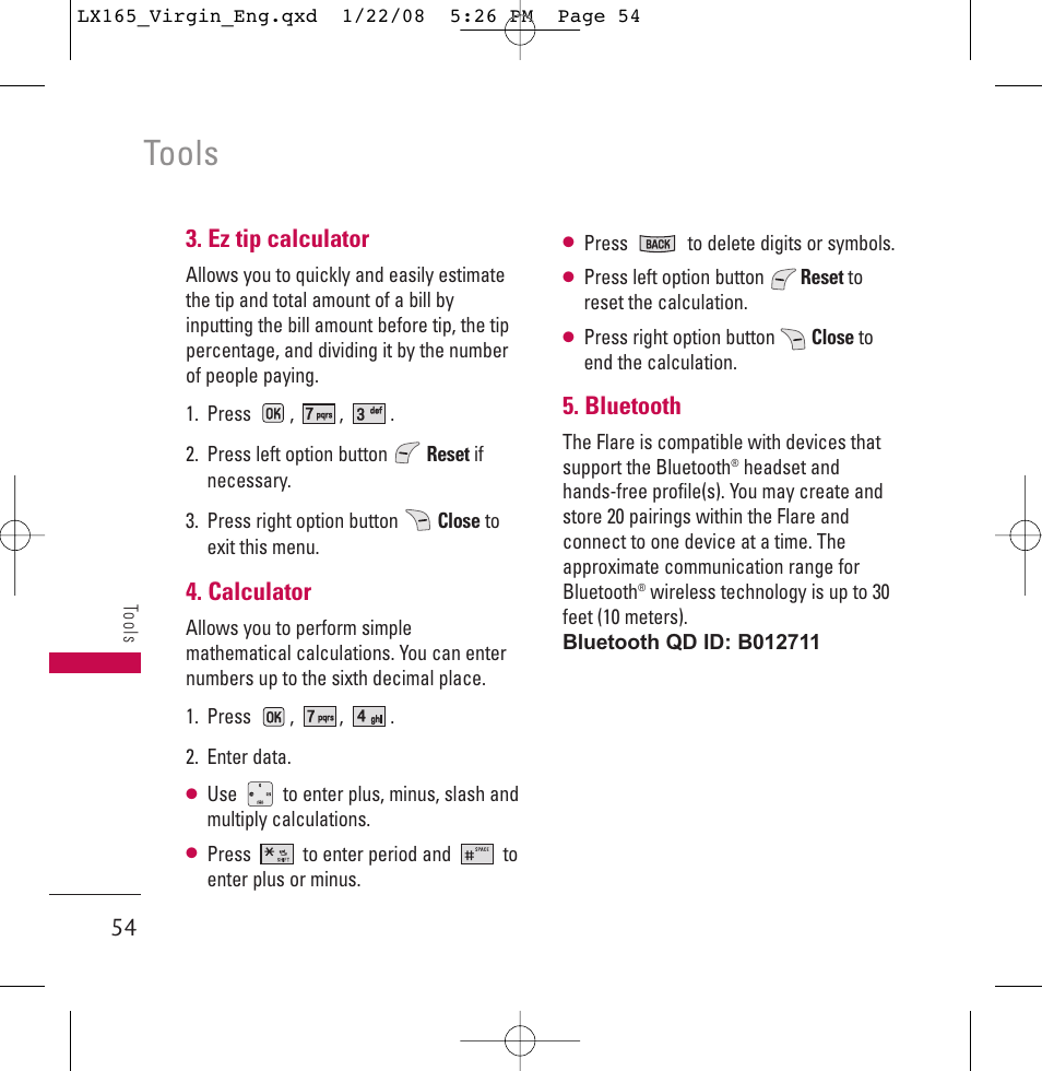 Tools, Ez tip calculator, Calculator | Bluetooth | LG LGLX165 User Manual | Page 54 / 90