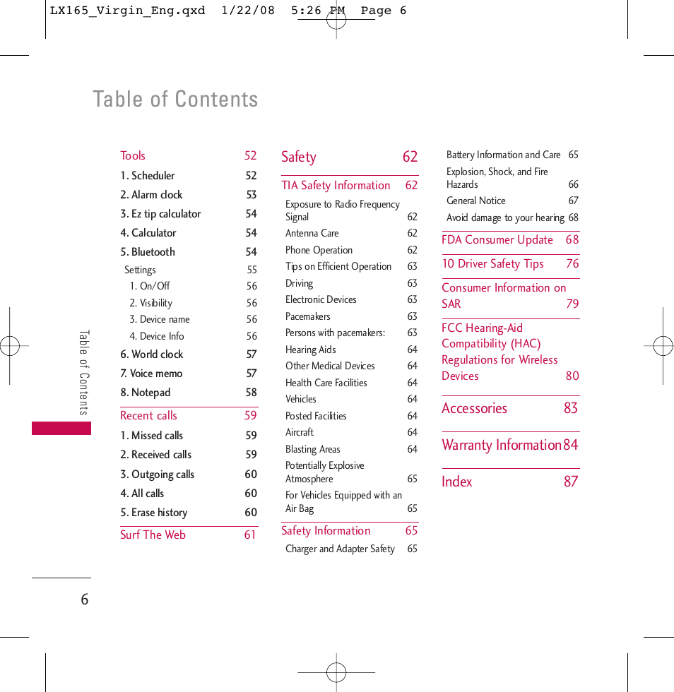 LG LGLX165 User Manual | Page 6 / 90