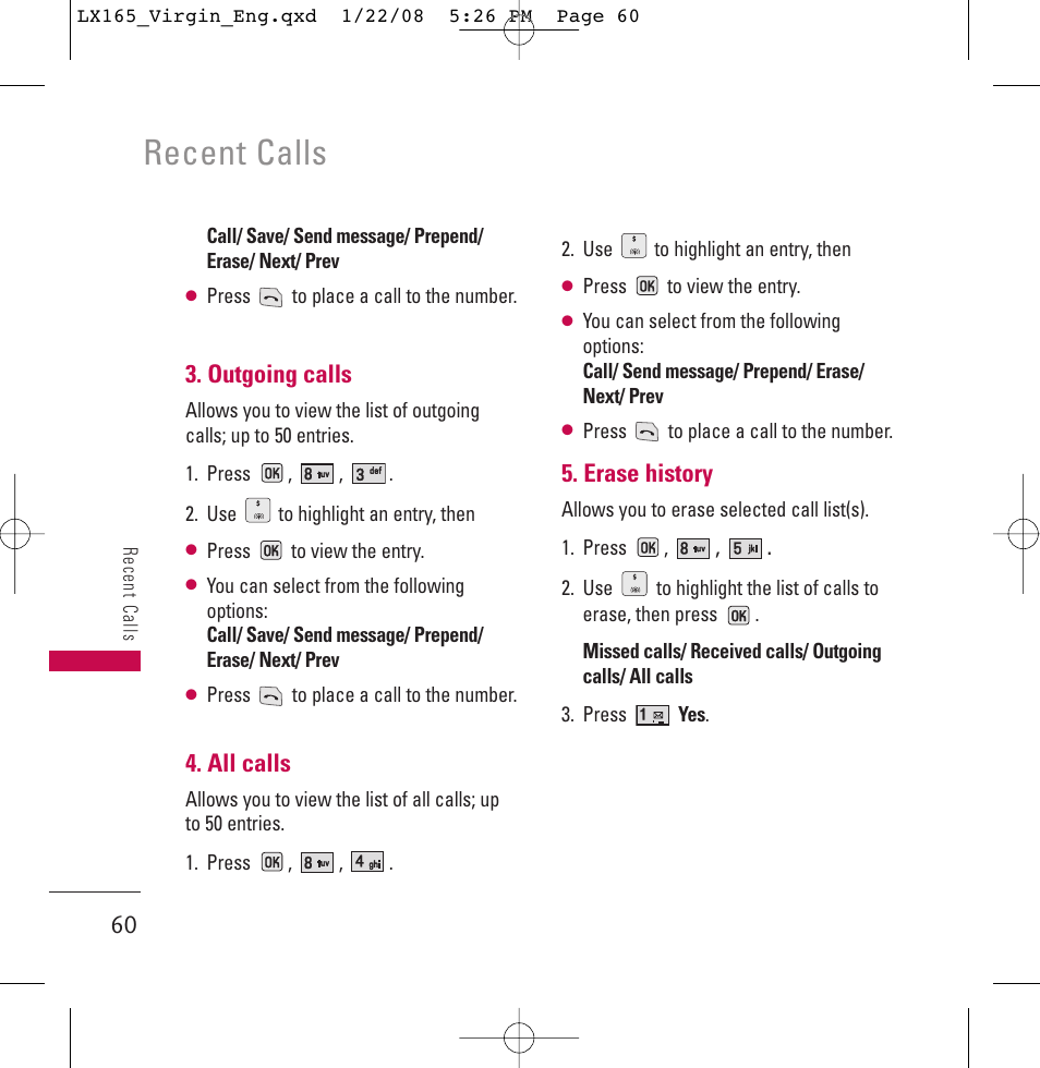 Recent calls | LG LGLX165 User Manual | Page 60 / 90