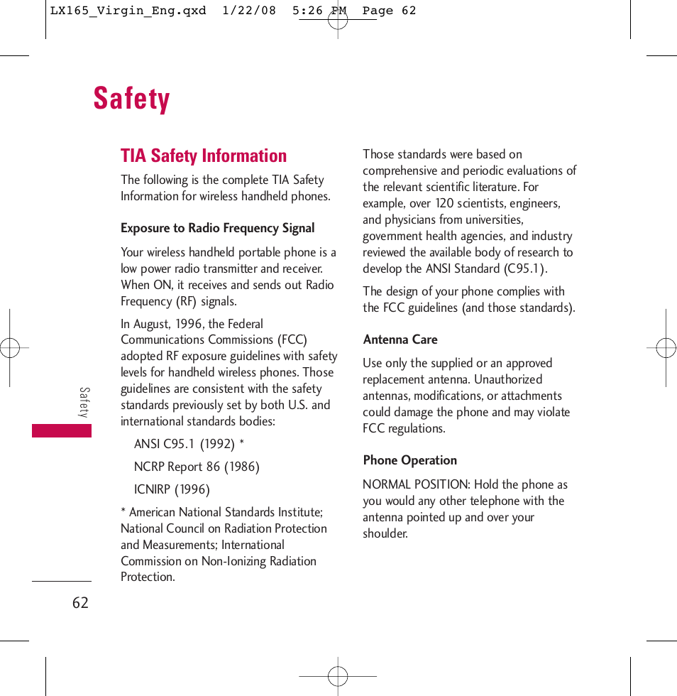 Safety, Tia safety information | LG LGLX165 User Manual | Page 62 / 90
