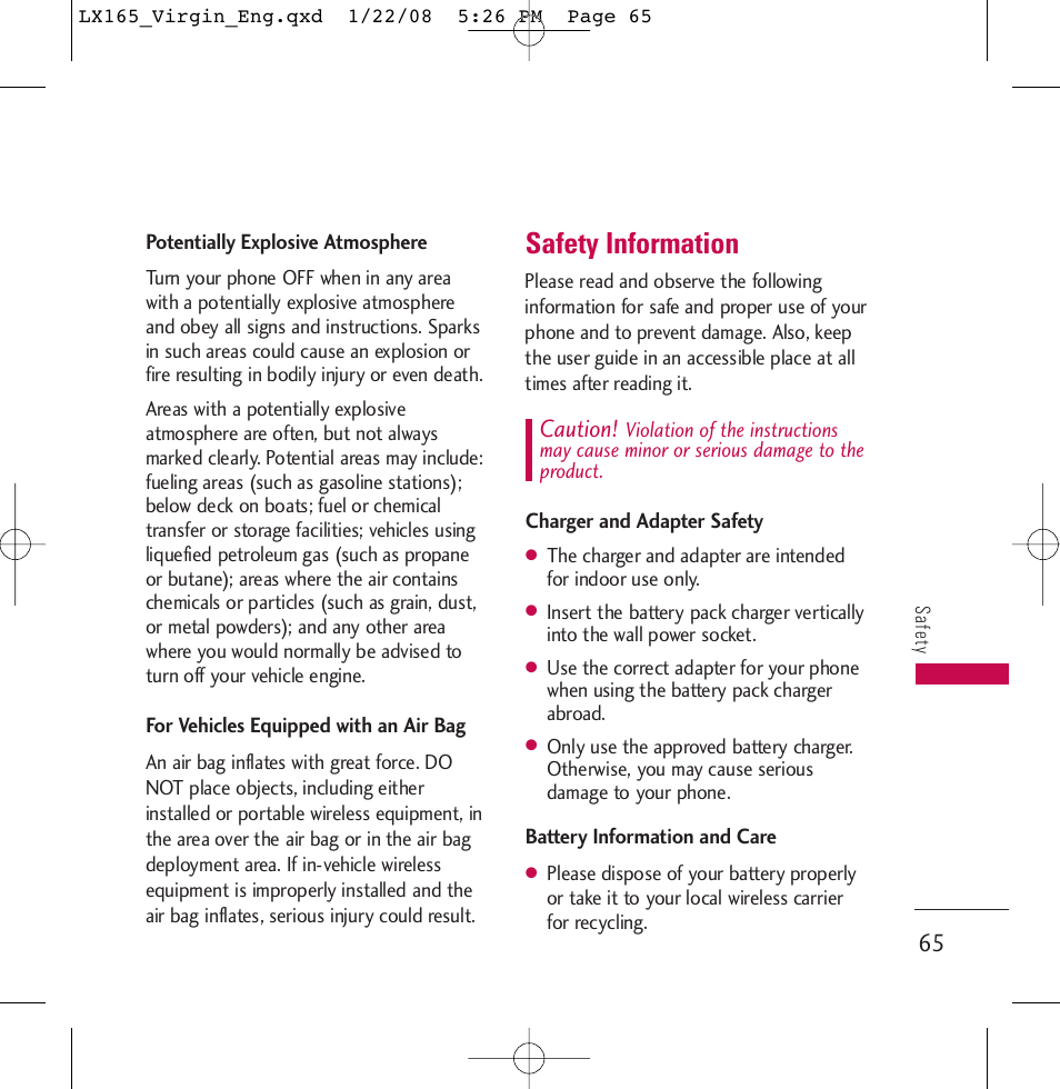 Safety information, Caution | LG LGLX165 User Manual | Page 65 / 90