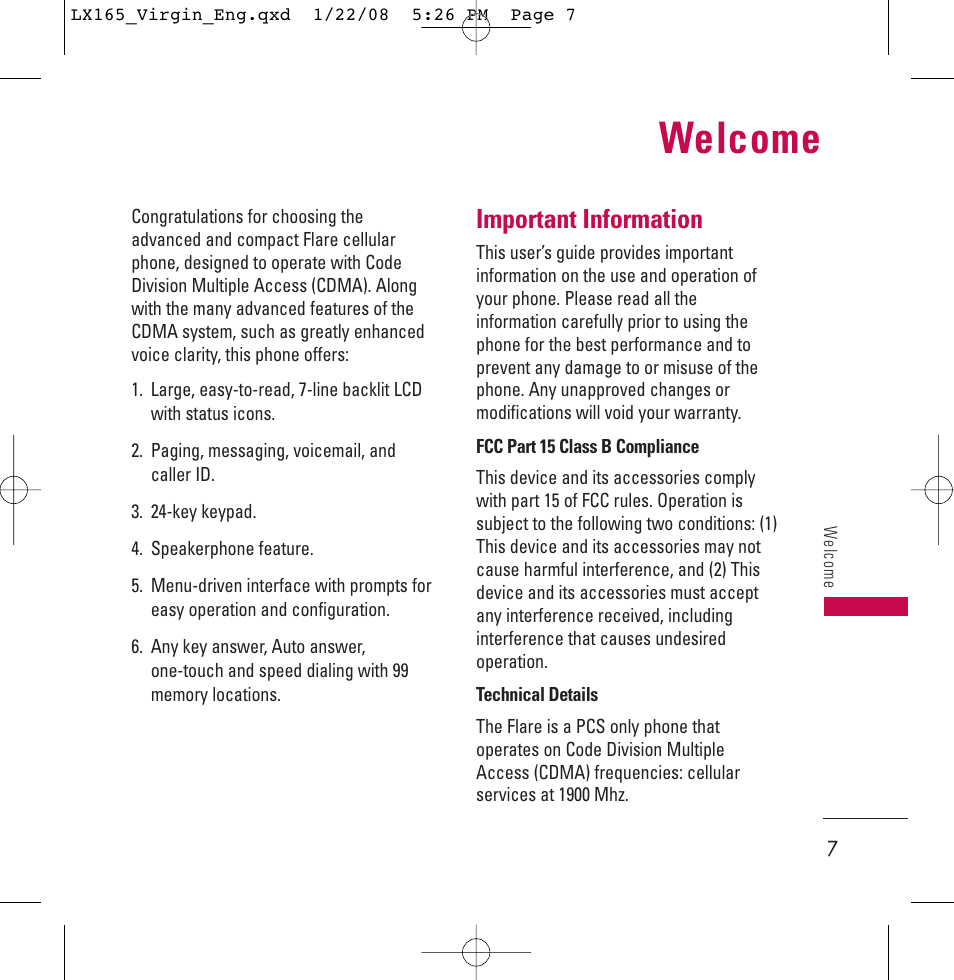 Welcome, Important information | LG LGLX165 User Manual | Page 7 / 90