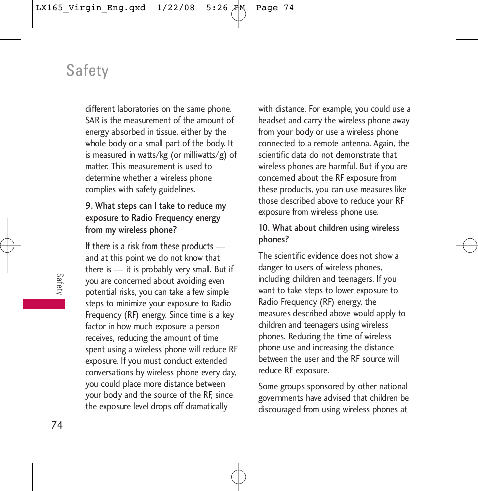 Safety | LG LGLX165 User Manual | Page 74 / 90
