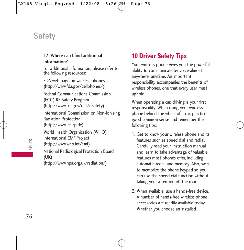 Safety, 10 driver safety tips | LG LGLX165 User Manual | Page 76 / 90