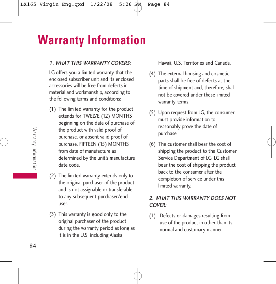 Warranty information | LG LGLX165 User Manual | Page 84 / 90