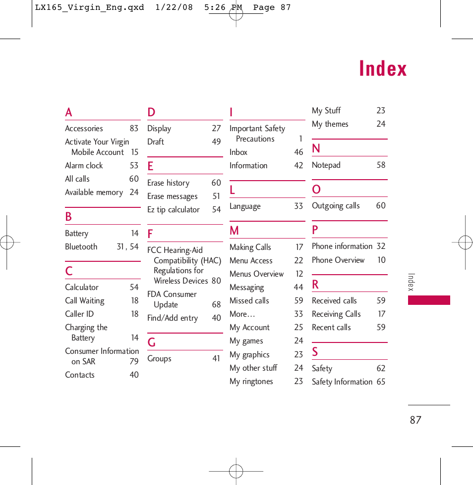 Index | LG LGLX165 User Manual | Page 87 / 90
