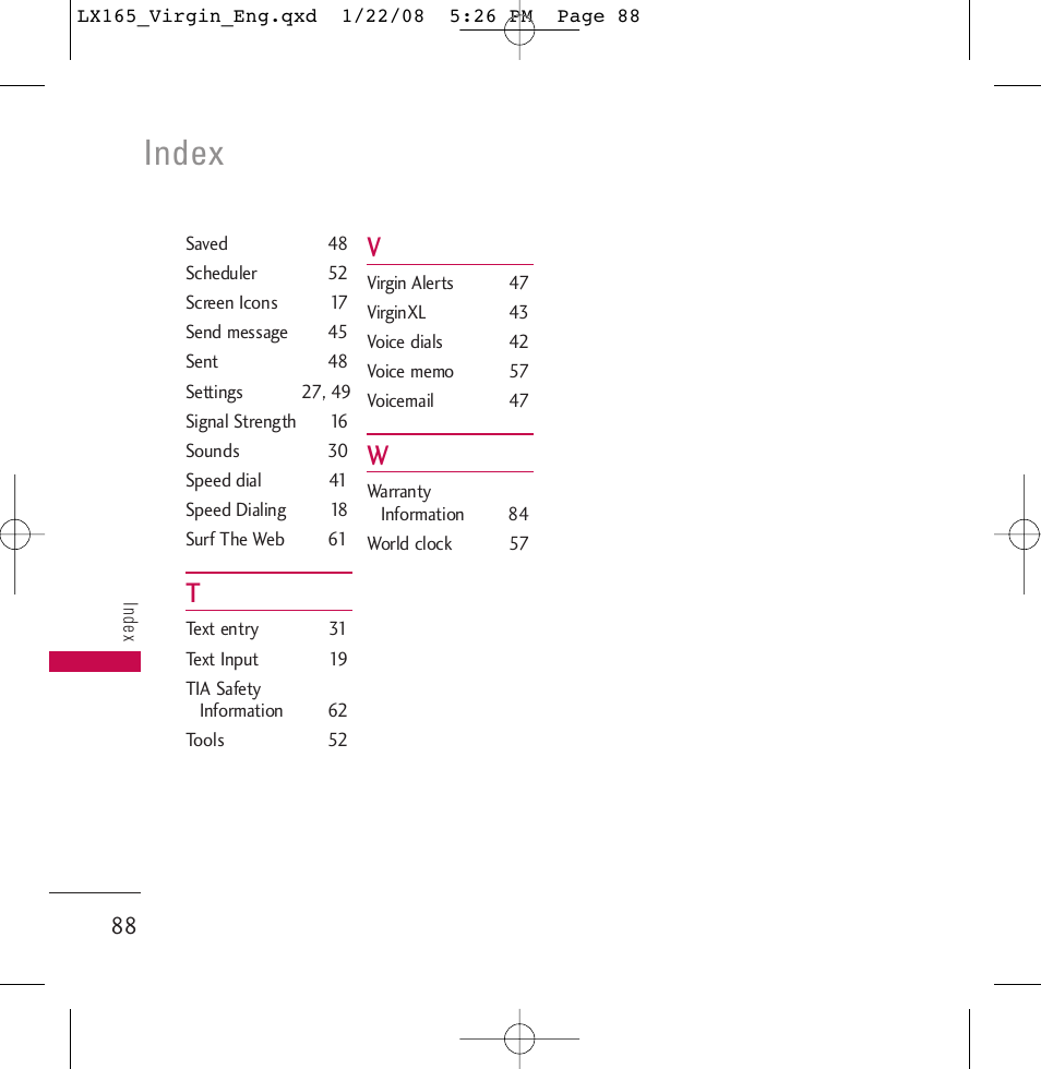 Index | LG LGLX165 User Manual | Page 88 / 90