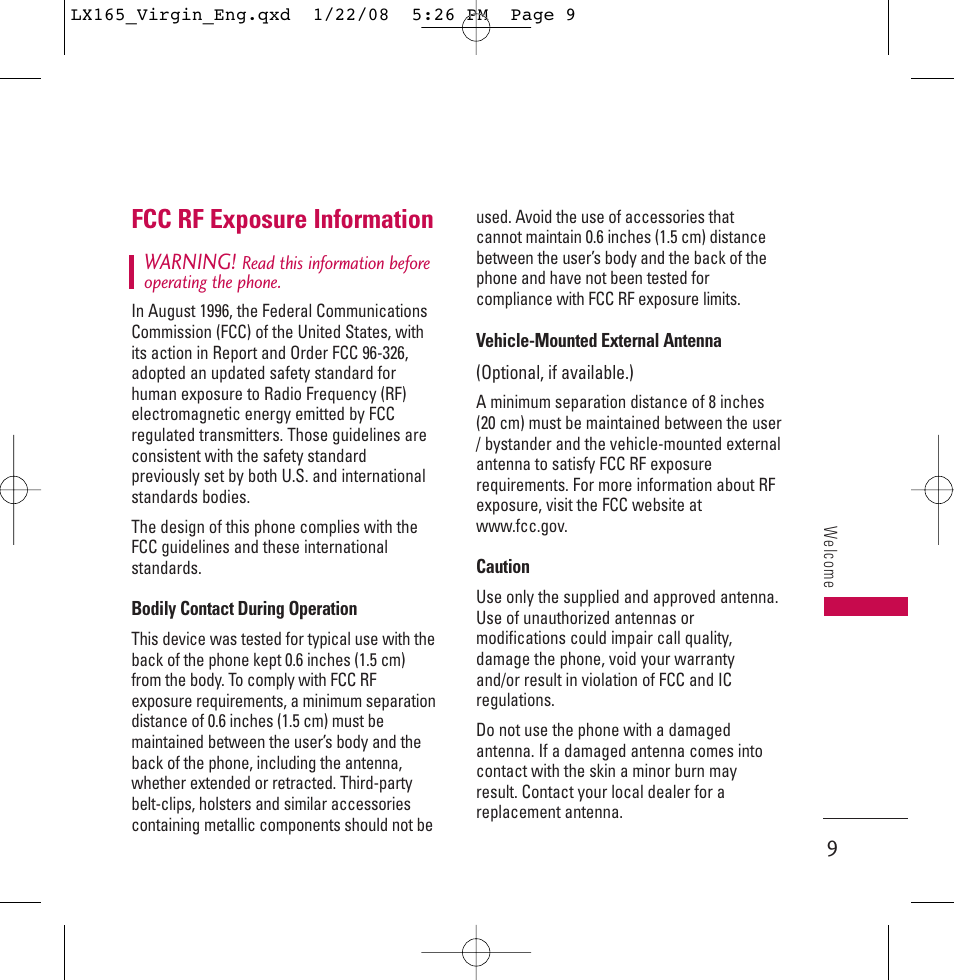 Fcc rf exposure information | LG LGLX165 User Manual | Page 9 / 90