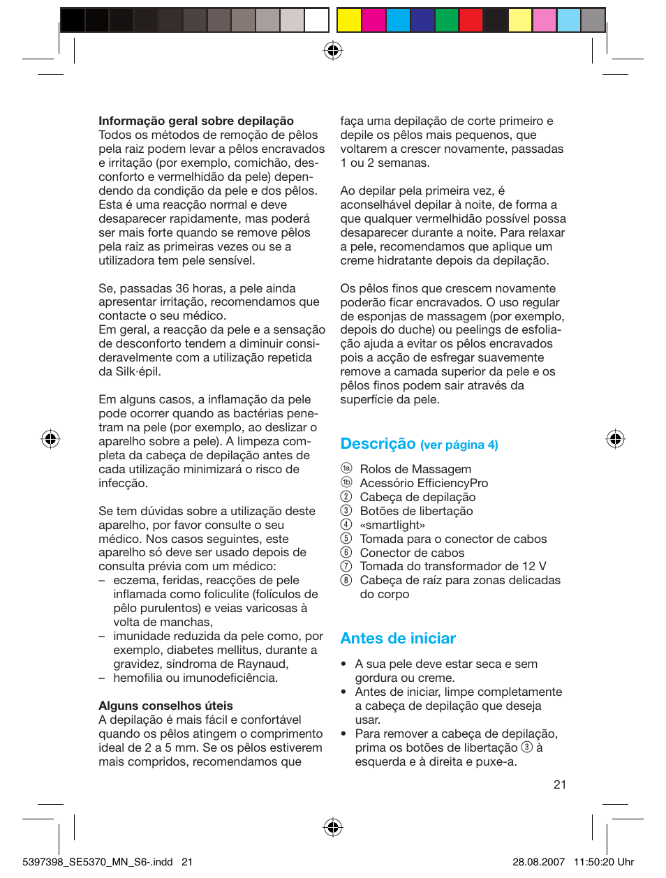 Descrição, Antes de iniciar | Braun 5370 Silk-épil X'elle User Manual | Page 20 / 50