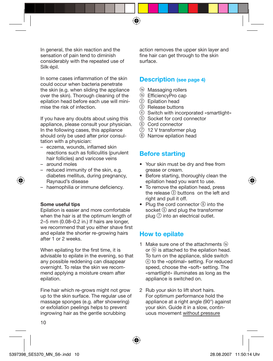 Description, Before starting, How to epilate | Braun 5370 Silk-épil X'elle User Manual | Page 9 / 50