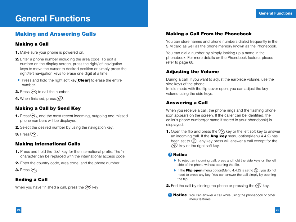 General functions, Making and answering calls | LG G4010 User Manual | Page 14 / 55