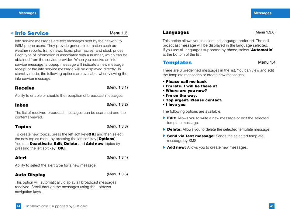 Info service, Templates | LG G4010 User Manual | Page 24 / 55