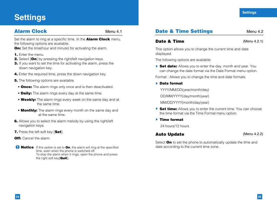 Settings, Alarm clock, Date & time settings | LG G4010 User Manual | Page 29 / 55