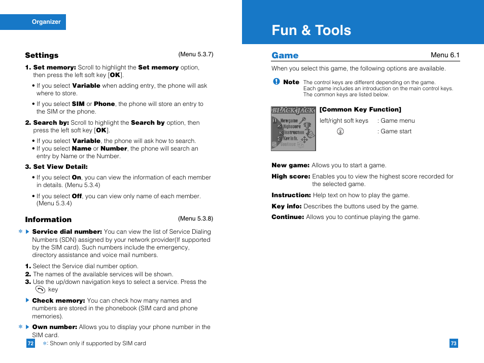 Fun & tools, Game | LG G4010 User Manual | Page 38 / 55